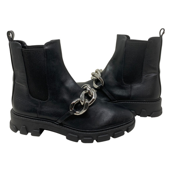 NEW Michael Kors Scarlett Black Leather Silver Chain Detail Boots Sz 7 Lug Sole - Picture 2 of 12